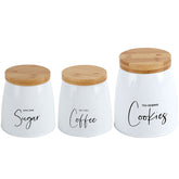Kit 3 Latas Coffee Sugar e Cookies Sunshine Yoi Potes para Biscoitos Açúcar e Café em Aço e Bambu Brancos
